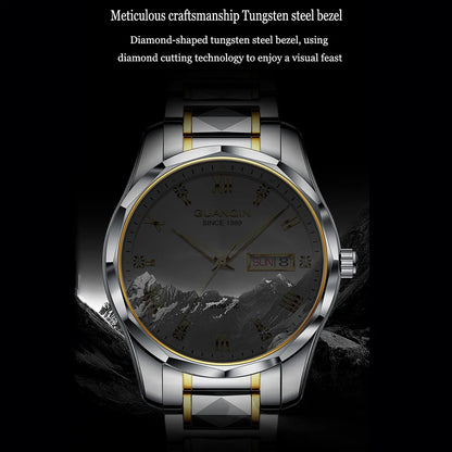 Relógio masculino mecânico luminoso de aço de tungstênio, à prova d'água, moda empresarial, calendário duplo, safira, movimento japonês