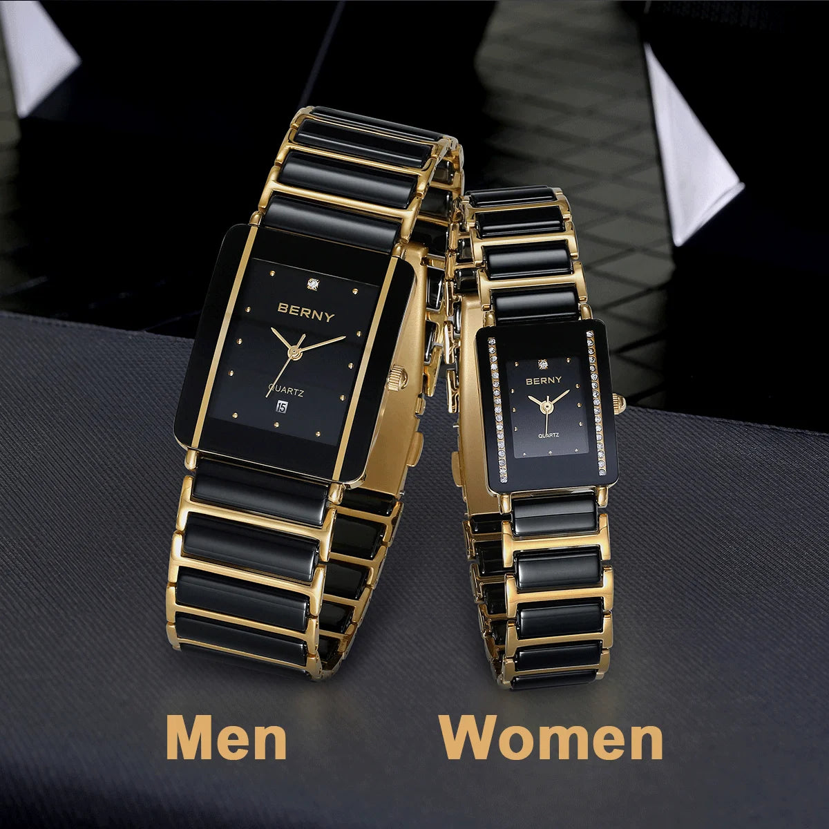 Berny cerâmica quartzo relógio feminino moda retângulo masculino/feminino relógio de pulso pulseira luxo diamante ouro casal relógios presente