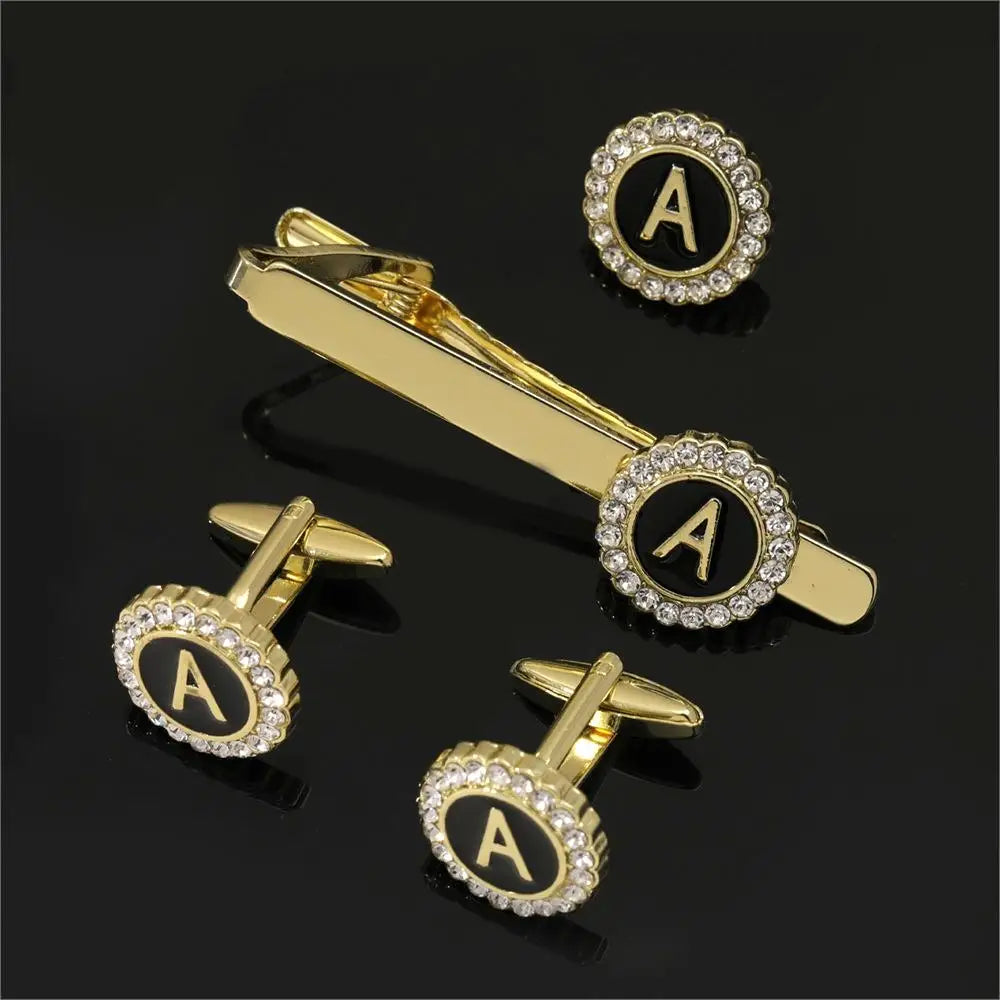 1 conjunto de abotoaduras com iniciais maiúsculas e prendedor de gravata, joias masculinas, abotoaduras redondas de cristal, presente de aniversário para o dia dos pais