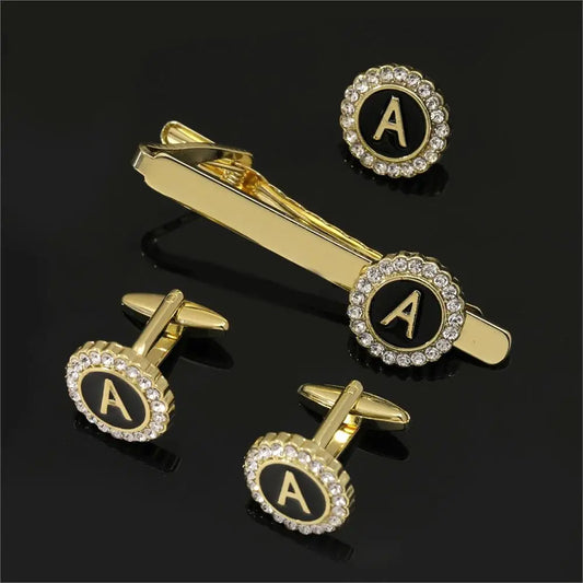 1 conjunto de abotoaduras com iniciais maiúsculas e prendedor de gravata, joias masculinas, abotoaduras redondas de cristal, presente de aniversário para o dia dos pais