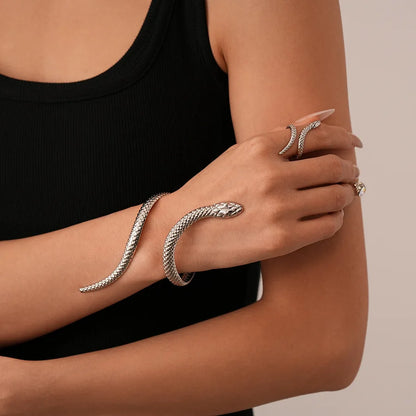 2025 nova chegada em forma de cobra manguito pulseira anel conjunto para mulheres exagerada metal design exclusivo pulseira moda conjunto de jóias