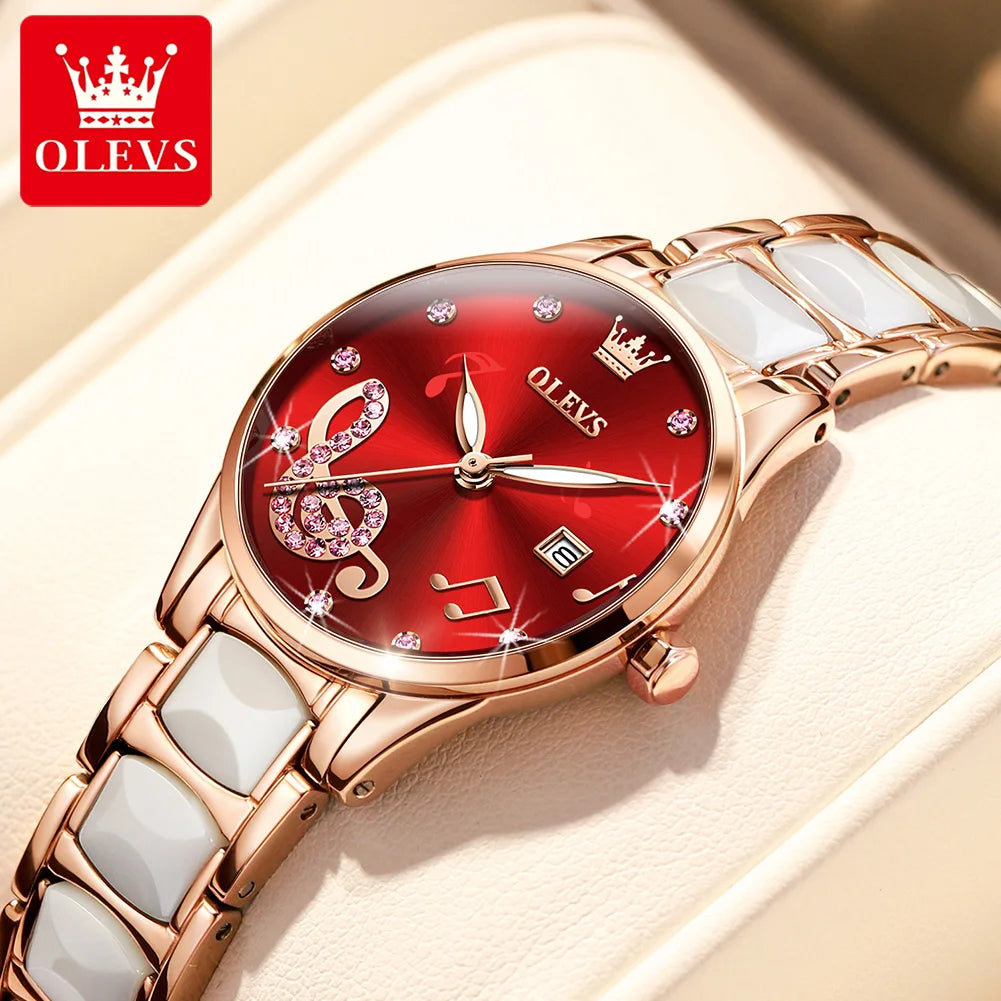 OLEVS Brand Diamond Inlaid Watch Sparkling Ceramic Quartz Watch Sparkling Star Luxury Taste Waterproof Luminous Women's Watch