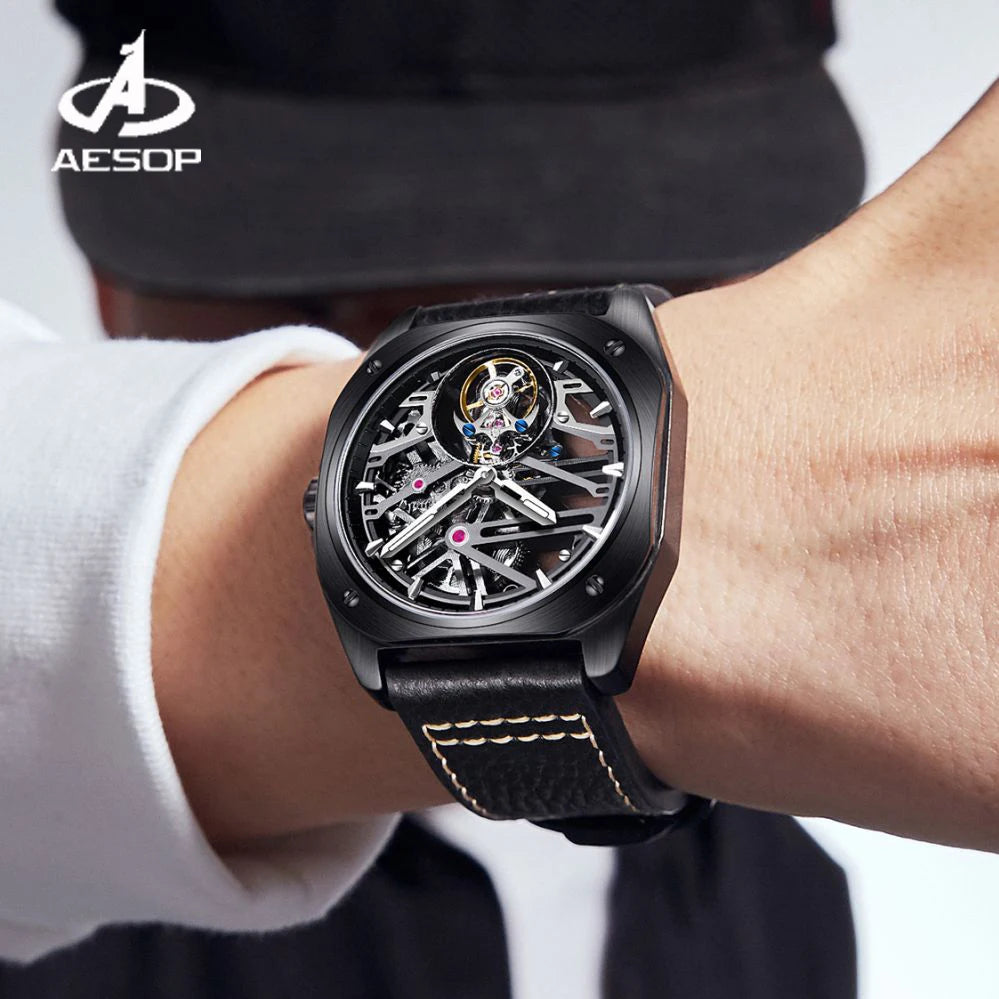 Aesop luxo tourbillon relógio para homens relógios de moda mecânica à prova dwaterproof água esqueleto tourbillon movimento safira caso quadrado a