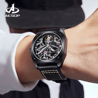 Aesop luxo tourbillon relógio para homens relógios de moda mecânica à prova dwaterproof água esqueleto tourbillon movimento safira caso quadrado a