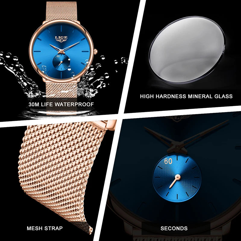 Lige criativo ultra fino malha relógio de quartzo para mulher simples elegante à prova dwaterproof água senhoras relógio moda esporte feminino pulseira relógio
