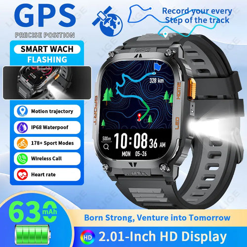 2025 New GPS Tracker Smart Watch Men LED Flashlight 1.96'' HD Screen Compass Watches Bluetooth Call Waterproof Sports Smartwatch