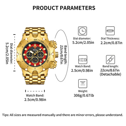Relógio masculino de luxo multifuncional YaLaLuSi, pulseira dourada com mostrador atmosférico, caixa de presente moderna e prática
