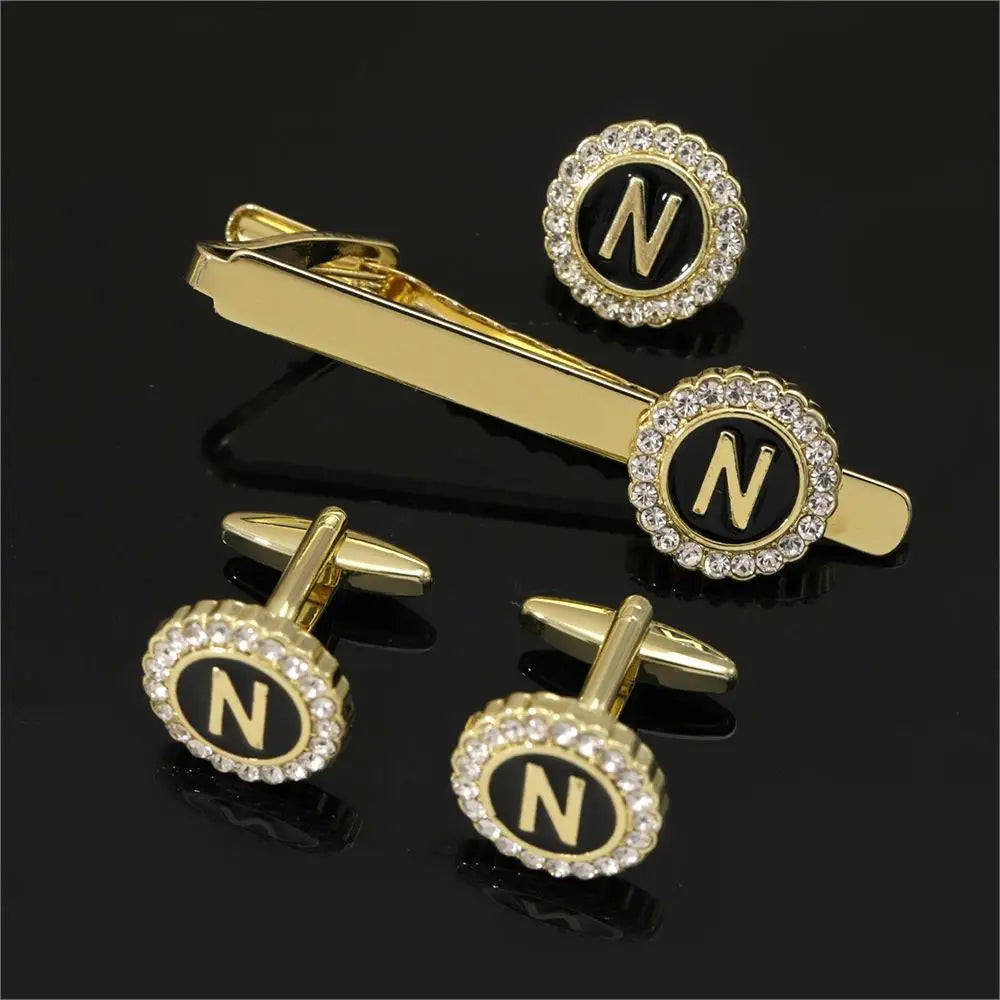 1 conjunto de abotoaduras com iniciais maiúsculas e prendedor de gravata, joias masculinas, abotoaduras redondas de cristal, presente de aniversário para o dia dos pais