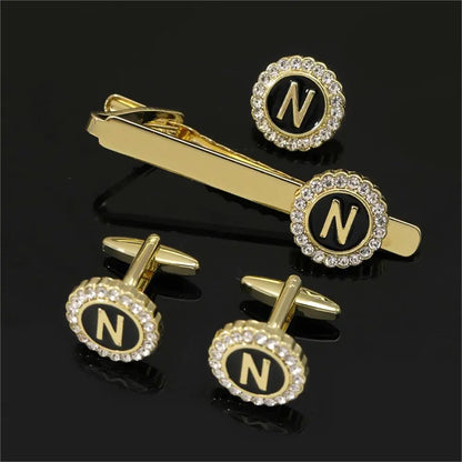 1 conjunto de abotoaduras com iniciais maiúsculas e prendedor de gravata, joias masculinas, abotoaduras redondas de cristal, presente de aniversário para o dia dos pais