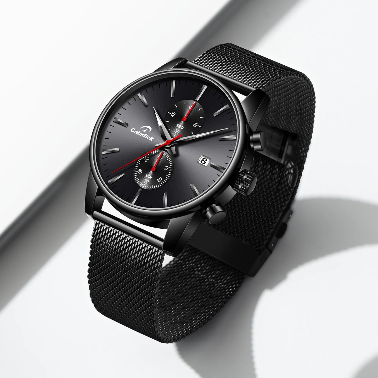 CalmTick Fashion Business Pointer Quartz Watch with Stopwatch Luminous Waterproof Metal Strap