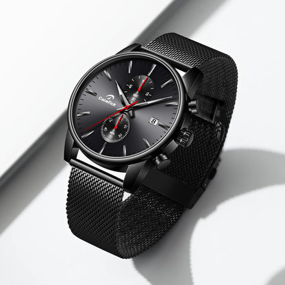 CalmTick Fashion Business Pointer Quartz Watch with Stopwatch Luminous Waterproof Metal Strap