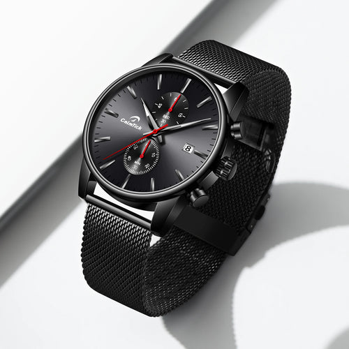 CalmTick Fashion Business Pointer Quartz Watch with Stopwatch Luminous Waterproof Metal Strap