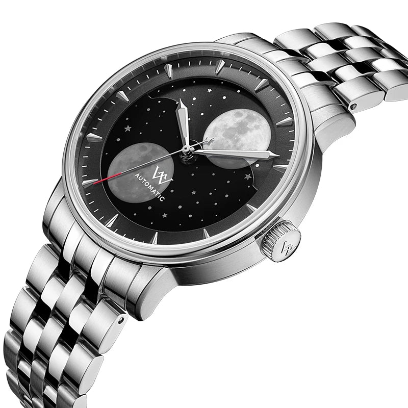 Wm relógio mecânico automático masculino fase da lua lunar safira à prova dwaterproof água homem luminoso twin luas welly merck relógio wm142