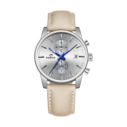 Calmtick Fashion Business Pointer Quartz Watch with Stopwatch Luminous Waterproof Leather Strap