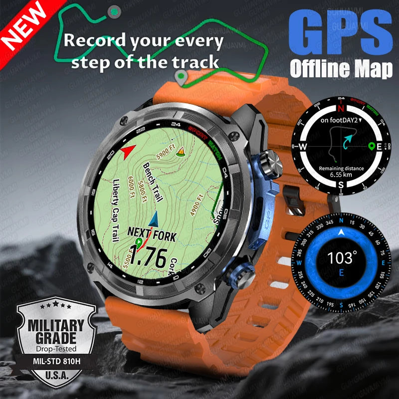 2025 novo t-rex tático smartwatch embutido gps mapa offline 4gb de memória 5atm ip69k natação à prova dwaterproof água masculino militray pulseira inteligente
