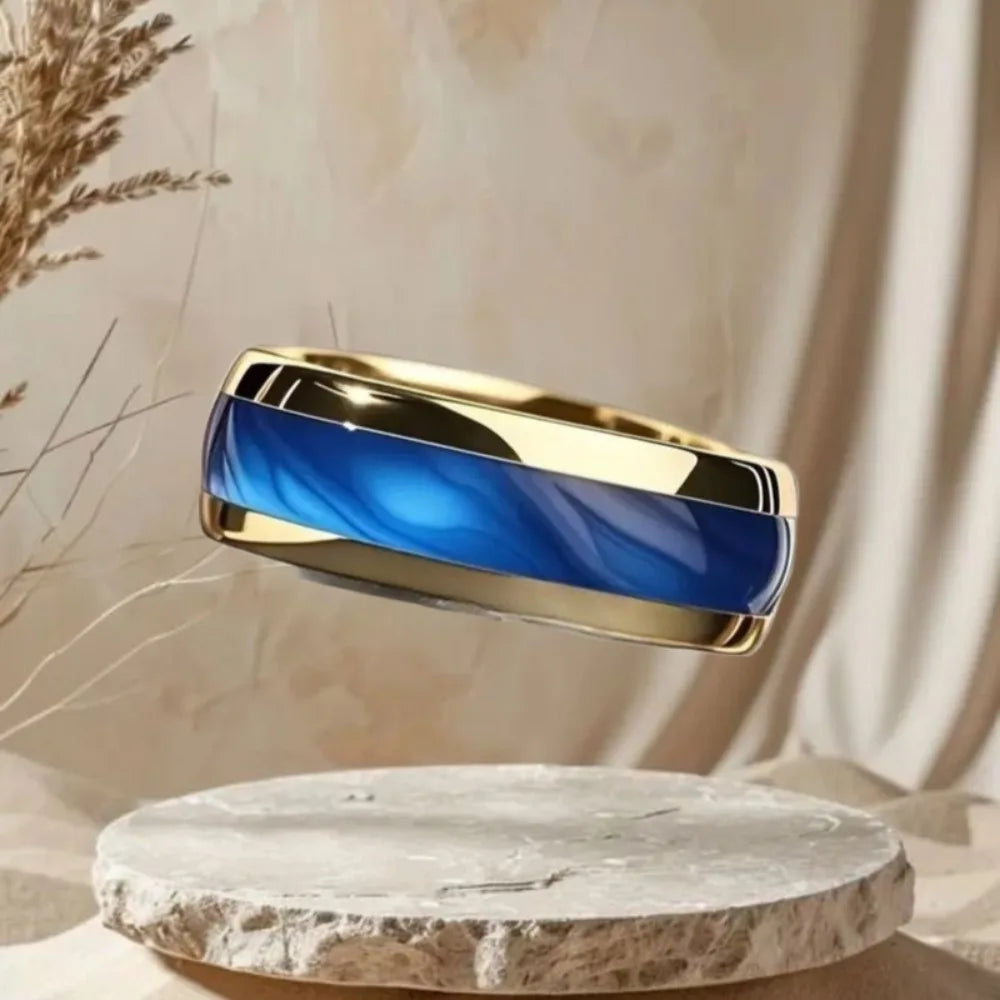 Anel de aço inoxidável de safira da moda, 8mm, feminino, masculino, noivado, casamento, joias, cor dourada, personalidade, anel de aço para presente