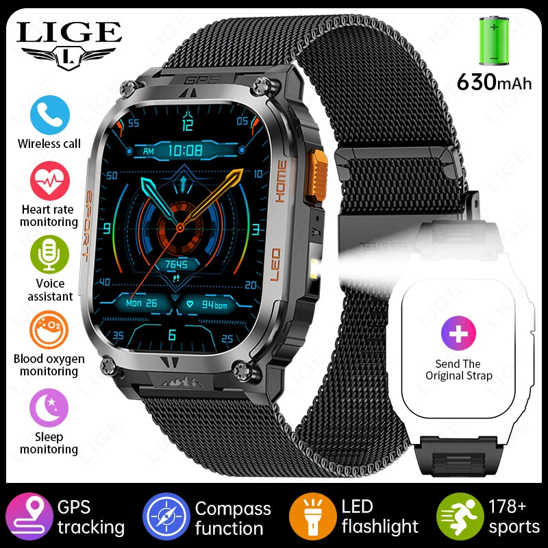 2025 New GPS Tracker Smart Watch Men LED Flashlight 1.96'' HD Screen Compass Watches Bluetooth Call Waterproof Sports Smartwatch