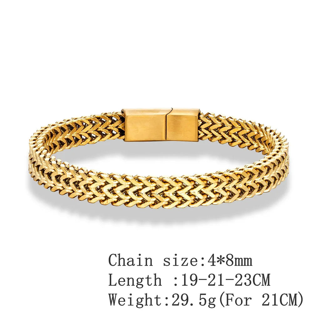 MKENDN 8MM 18K Banhado A Ouro Legal Dupla Corrente Pulseiras para Homens de Aço Inoxidável Punk Quadrado Ímã Fecho Masculino Pulseira