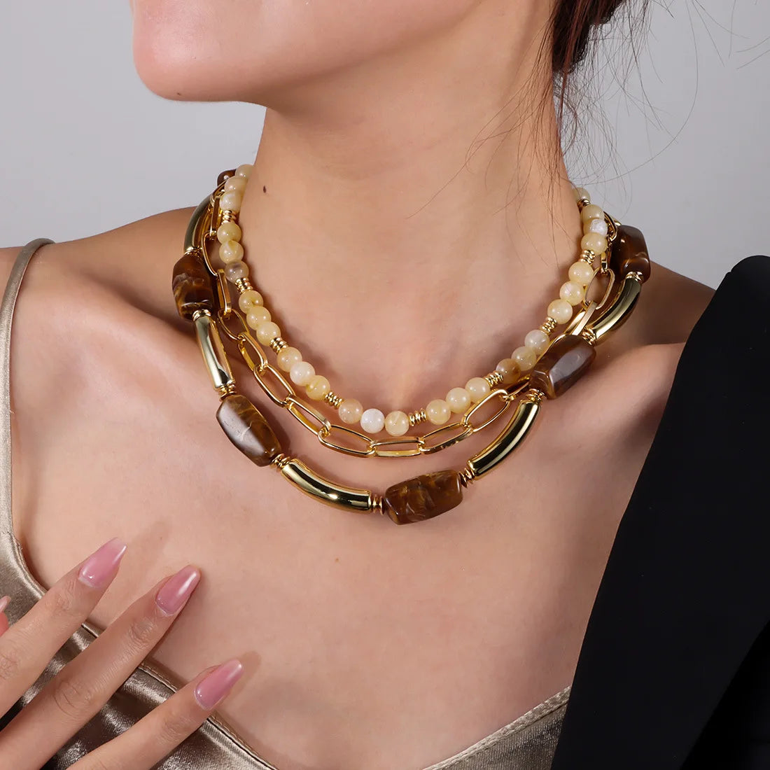 3 pçs conjunto boêmio acrílico contas de bambu gargantilha colar conjunto para mulheres tubo grosso colares 2025 acessórios jóias