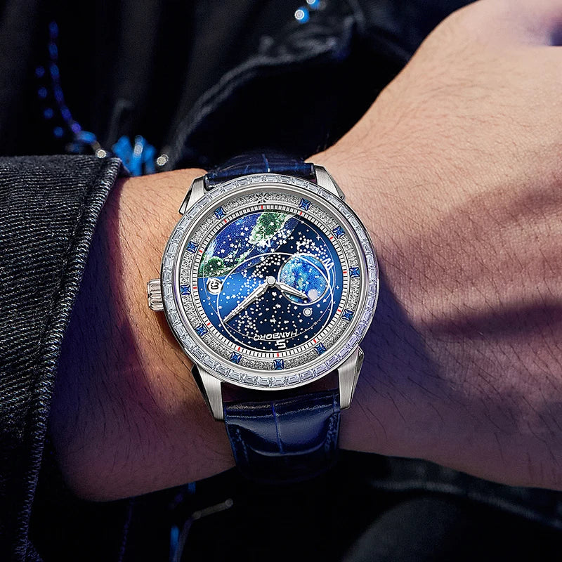 Hanboro série de exploração lunar relógio mecânico totalmente automático masculino moda estrelada luz noturna relógio à prova d'água