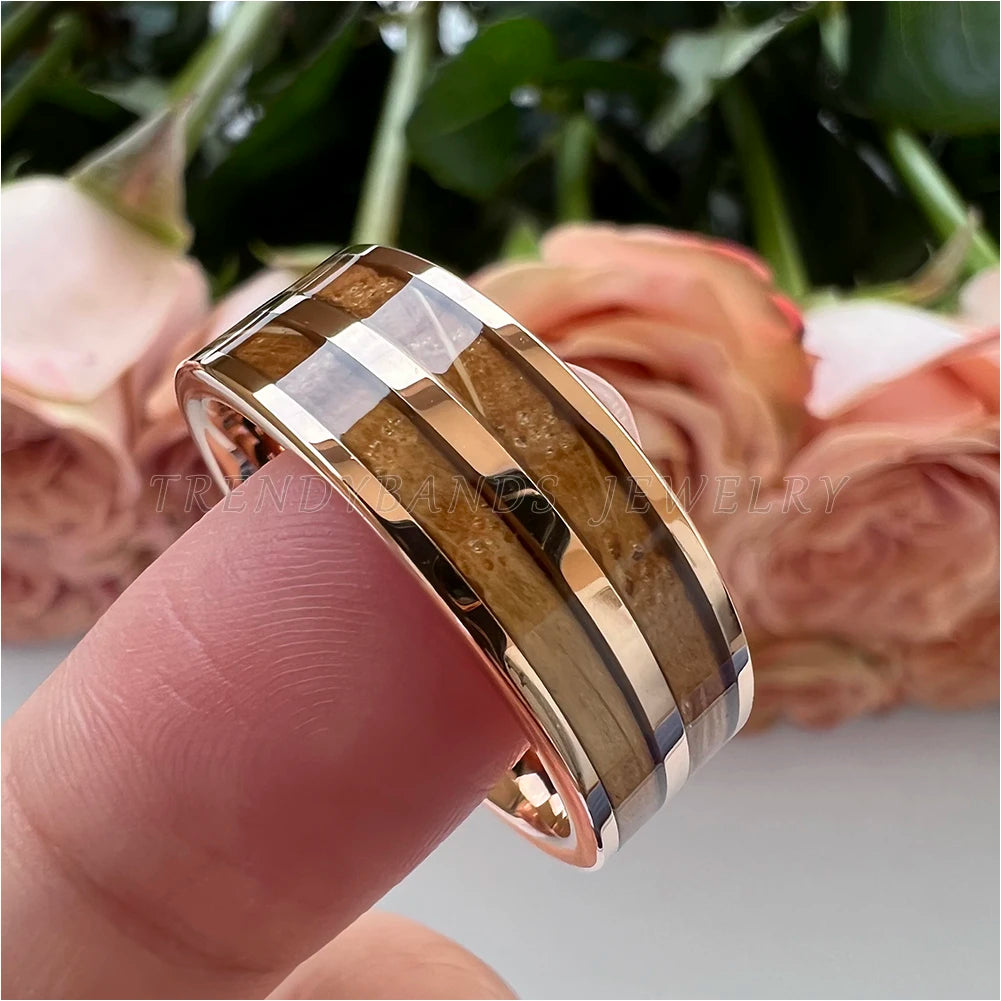 Anel de casamento de tungstênio, 8mm, masculino, feminino, joias da moda para casal, barril de uísque, incrustação de madeira, polido, brilhante, ajuste confortável