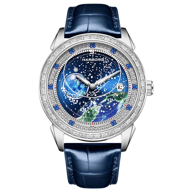 Hanboro série de exploração lunar relógio mecânico totalmente automático masculino moda estrelada luz noturna relógio à prova d'água