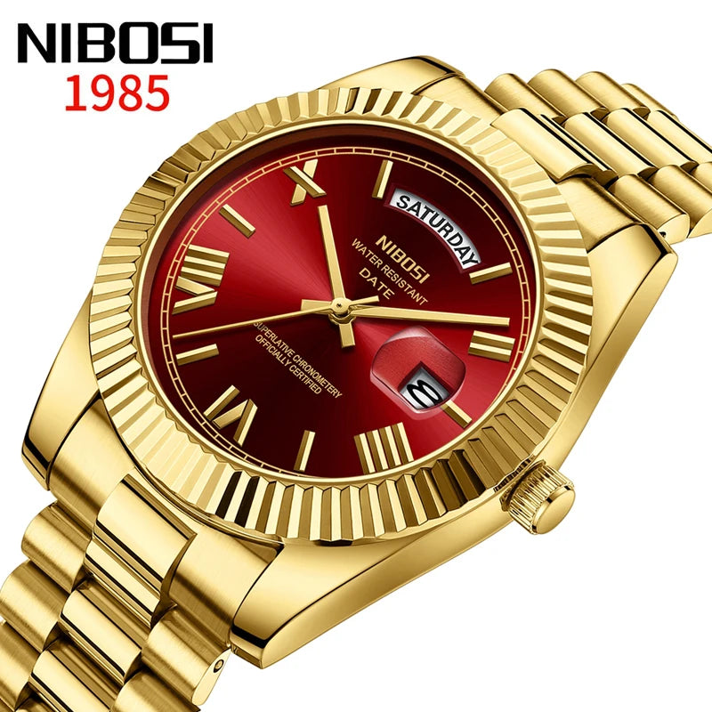 Nibosi marca de luxo ouro vermelho relógio quartzo para homens aço inoxidável à prova dwaterproof água luminosa data semana moda relógios masculinos reloj hombre