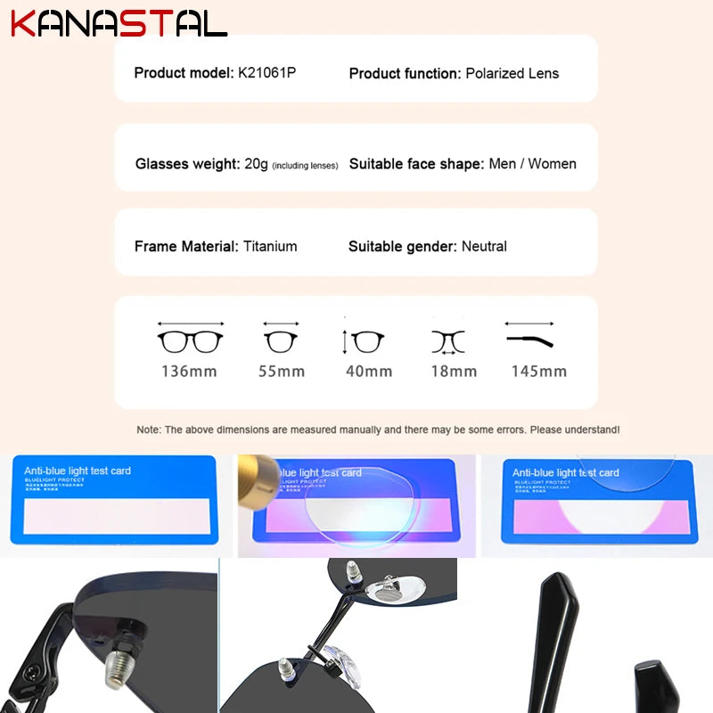 Homens sem aro polarizado óculos de sol feminino uv400 óculos de sol puro titânio quadro óculos de condução anti brilho sombra eyewear