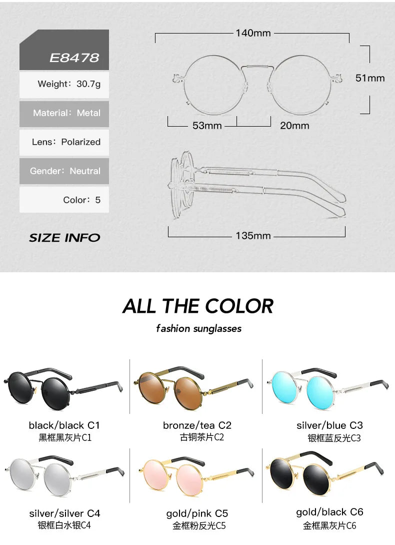 Óculos de sol polarizados condução proteção uv400 esportes unisex príncipe espelho redondo óculos de sol armação de metal masculino t1004