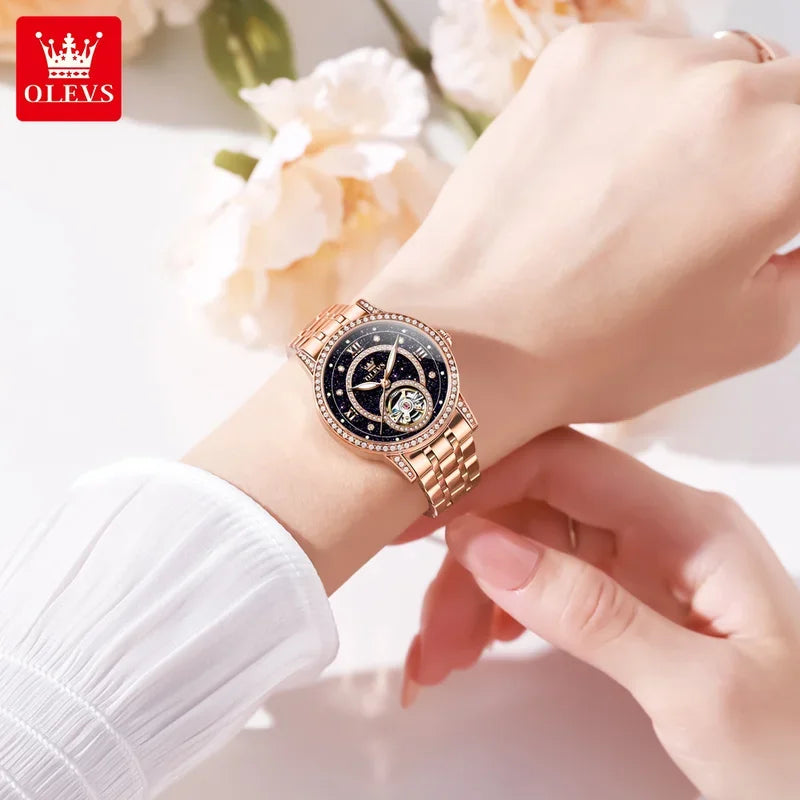 OLEVS Hollow Women's Watch Fully Automatic Mechanical Watch Luxury Diamond Inlaid Starry Sky Elegant Women's Brand Watch  7036
