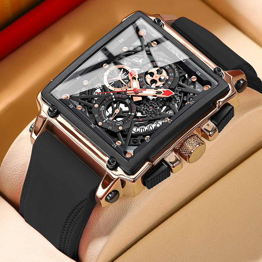 Crrju relógio de pulso cronógrafo esportivo masculino, pulseira de silicone do exército, cronómetro quadrado de quartzo, relógio masculino