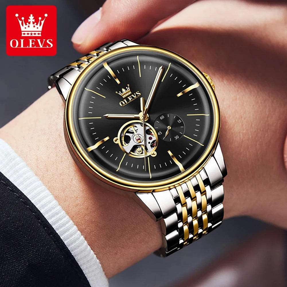OLEVS 6708 Hollow Men's Watches Elite Style Luxury Dome Mirror Original Mechancial Movement Chronograph Waterproof Watches