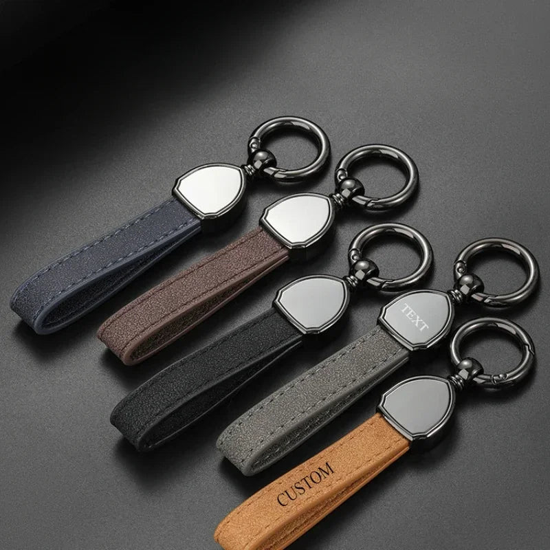 Chaveiro de couro de camurça com logotipo personalizado de metal, chaveiro com número laser, chaveiro de carro masculino