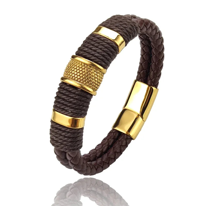 Luxury Vintage Multilayer Brown Leather Stainless Steel  Men Bracelet Bead Bracelet Jewelry Male Wrist Bangle Christmas Gifts