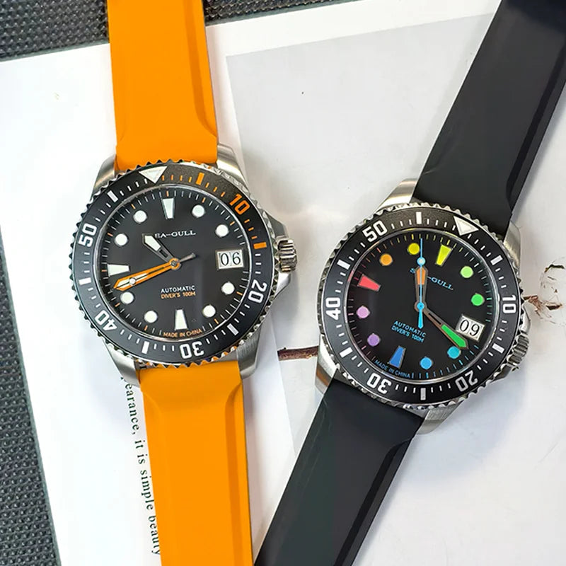 Seagull oceano série relógio masculino 100m à prova dwaterproof água marcadores de cor arco-íris design 44mm relógios mecânicos automáticos marca superior 6205