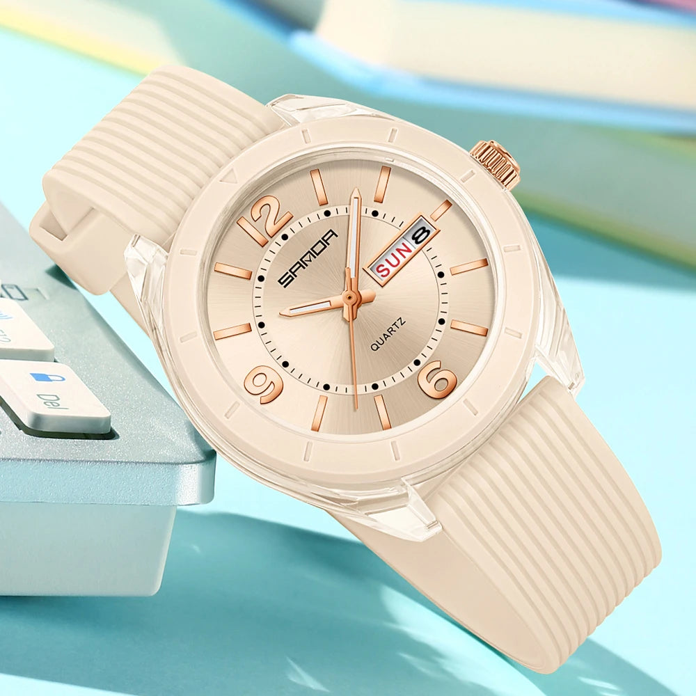 SANDA Relógio de quartzo para mulheres à prova d'água data automática semana elegante relógio de pulso feminino de luxo à prova d'água analógico relógios femininos