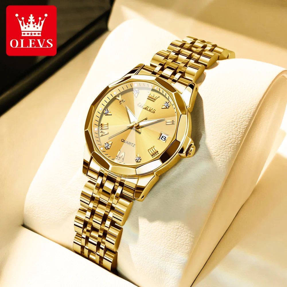 OLEVS Fashion Golden Watch for Women Stainless Steel Waterproof Women's Watches Elegant Original Luxury Ladies Quartz Wristwatch