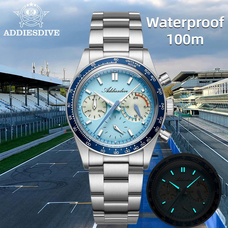 ADDIESDIVE New Men's Watches Bubble Glass 37mm Retro VK63 Chronography Quartz Watches Waterproof BGW9 Luminous Sports Wristwatch