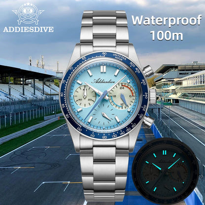 ADDIESDIVE New Men's Watches Bubble Glass 37mm Retro VK63 Chronography Quartz Watches Waterproof BGW9 Luminous Sports Wristwatch