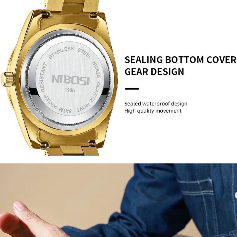 Nibosi marca de luxo ouro vermelho relógio quartzo para homens aço inoxidável à prova dwaterproof água luminosa data semana moda relógios masculinos reloj hombre
