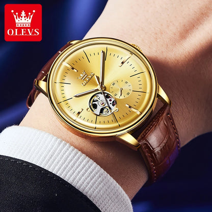OLEVS 6708 Hollow Men's Watches Elite Style Luxury Dome Mirror Original Mechancial Movement Chronograph Waterproof Watches
