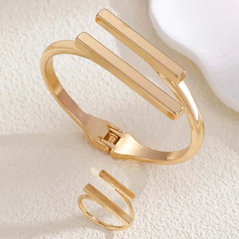 Pulseira geométrica de metal vintage com punho aberto, para mulheres e homens, exagerada, cor dourada, quadrada, ajustável, conjunto de joias para festa