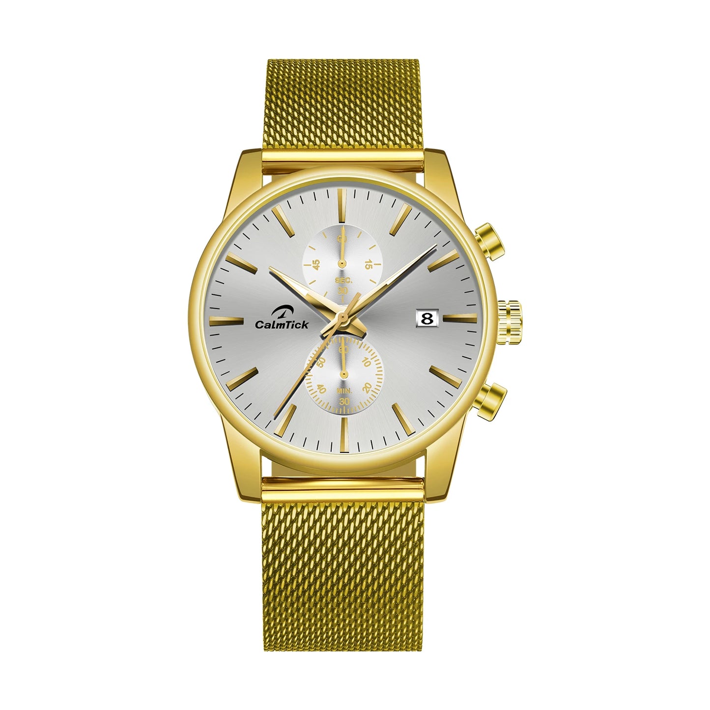 CalmTick Fashion Business Pointer Quartz Watch with Stopwatch Luminous Waterproof Metal Strap