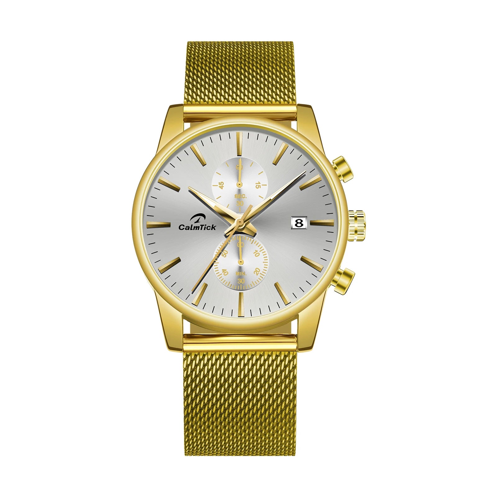 CalmTick Fashion Business Pointer Quartz Watch with Stopwatch Luminous Waterproof Metal Strap