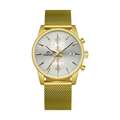 CalmTick Fashion Business Pointer Quartz Watch with Stopwatch Luminous Waterproof Metal Strap