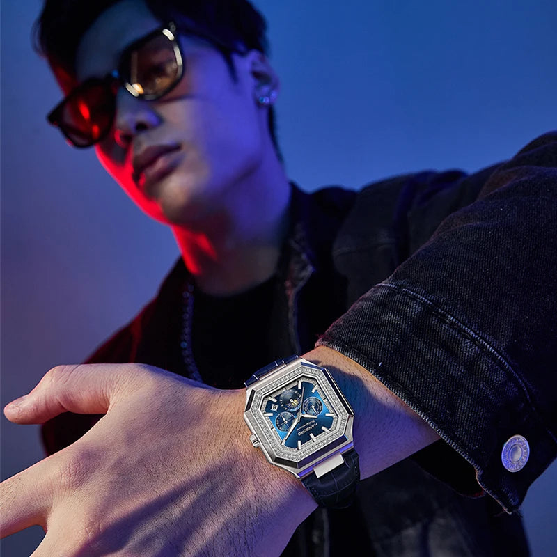 HANBORO Relógio Mecânico Totalmente Automático Masculino Quadrado Multifuncional Relógio de Tendência da Moda