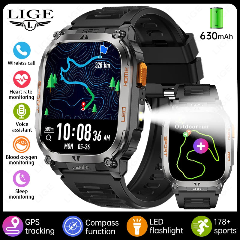 2025 New GPS Tracker Smart Watch Men LED Flashlight 1.96'' HD Screen Compass Watches Bluetooth Call Waterproof Sports Smartwatch