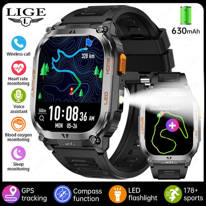 2025 New GPS Tracker Smart Watch Men LED Flashlight 1.96'' HD Screen Compass Watches Bluetooth Call Waterproof Sports Smartwatch