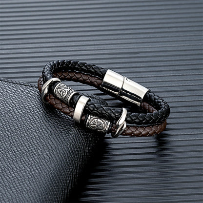 Vintage Vikings Compass Multilayer Genuine Leather Bracelet Men Stainless Steel Norse Runes Valknut Bangle Scandinavian Jewelry