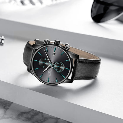 Calmtick Fashion Business Pointer Quartz Watch with Stopwatch Luminous Waterproof Leather Strap